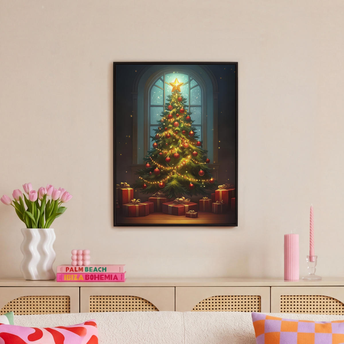 LEINWAND Bilder mit Rahmen - Weihnachtsbaum - Geschenk - Winter - 60x80 - Grün, Textil (60/80cm) - MuchoWow