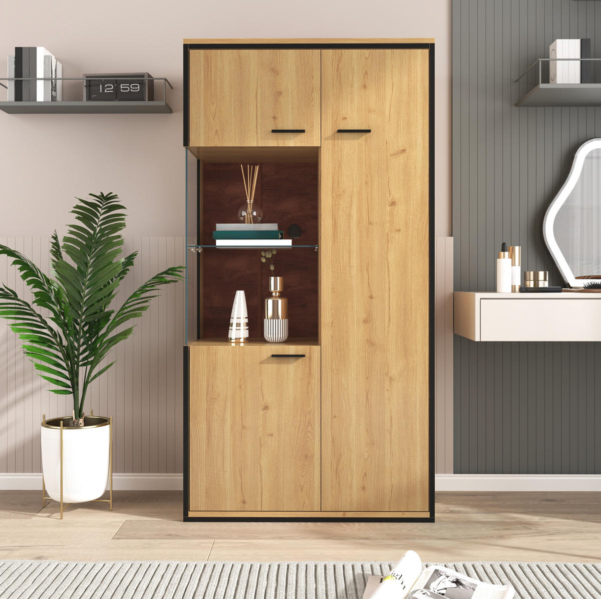 VITRINE 77.5/40/150 cm Natur aus MDF mit LED-Beleuchtung - Naturfarben, Holzwerkstoff (40/150/77.5cm) - OKMYHOME