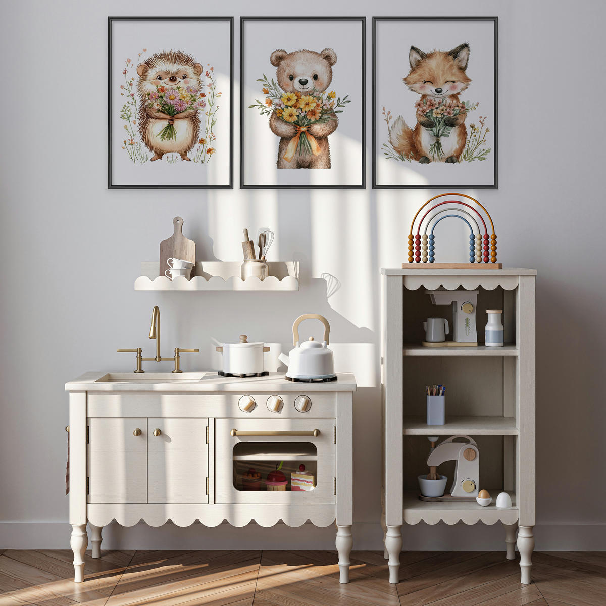 POSTER SET für Kinderzimmer KATZEN Blumen Tiere Pflanzen 3x Poster A3 30x42cm - Beige/Rot, Papier (30/42/1cm) - Muralo