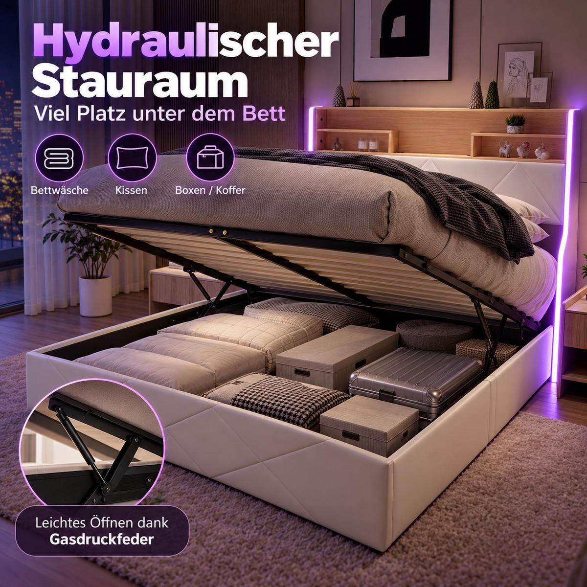 POLSTERBETT 140/200 cm mit Hydraulik-Bettkasten, LED-Ablagekopfteil und USB-Anschluss - Weiß, Holz/Metall (140/200cm) - Joyfair