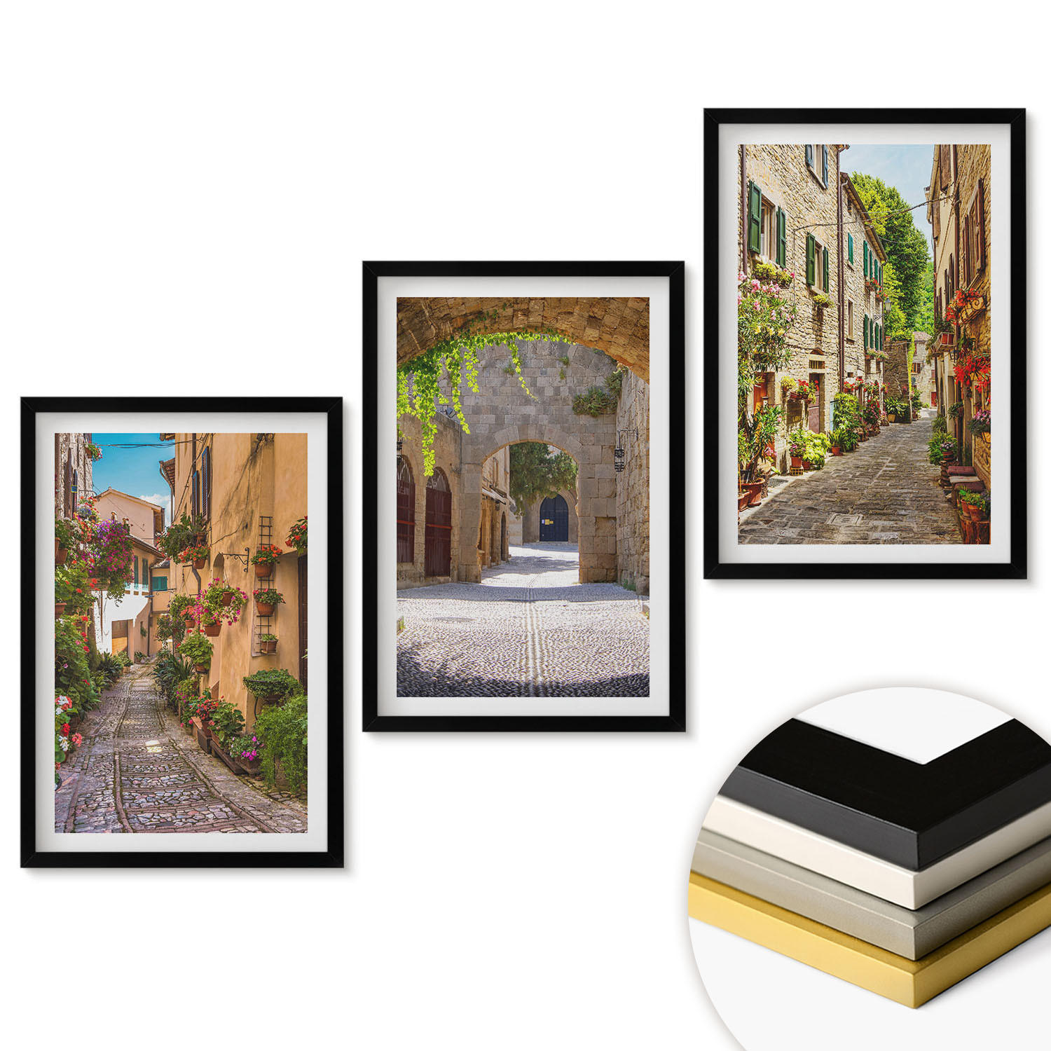 WANDBILDER 3er-Set - 40x60 cm Schwarzer Rahmen - Italienische Straßen, Blumen, Architektur - Schwarz, Kunststoff (40/60cm) - ArtPrintCave
