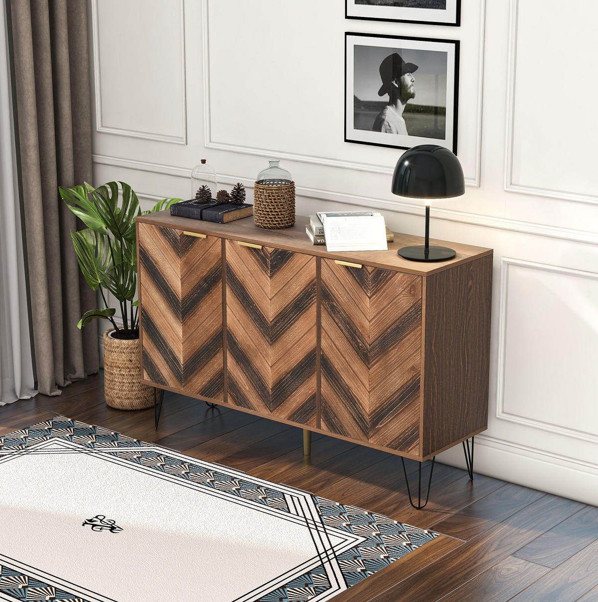 SIDEBOARD mit 3 Türen, Holzoptik mit goldenen Griffen und schwarzen Eisenfüßen, 120/38/76,5 cm,Naturfarben - Naturfarben, Holzwerkstoff (120/38/76.5cm) - Redom
