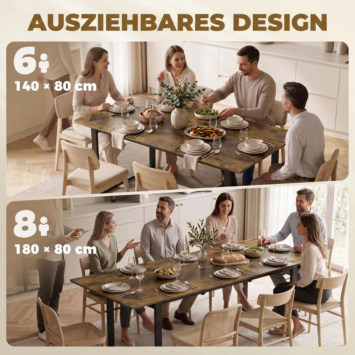 AUSZIEHBARER Esstisch MDF Rustikal-Braun - Schwarz/Braun, Holzwerkstoff (180/80/75cm) - HOMCOM