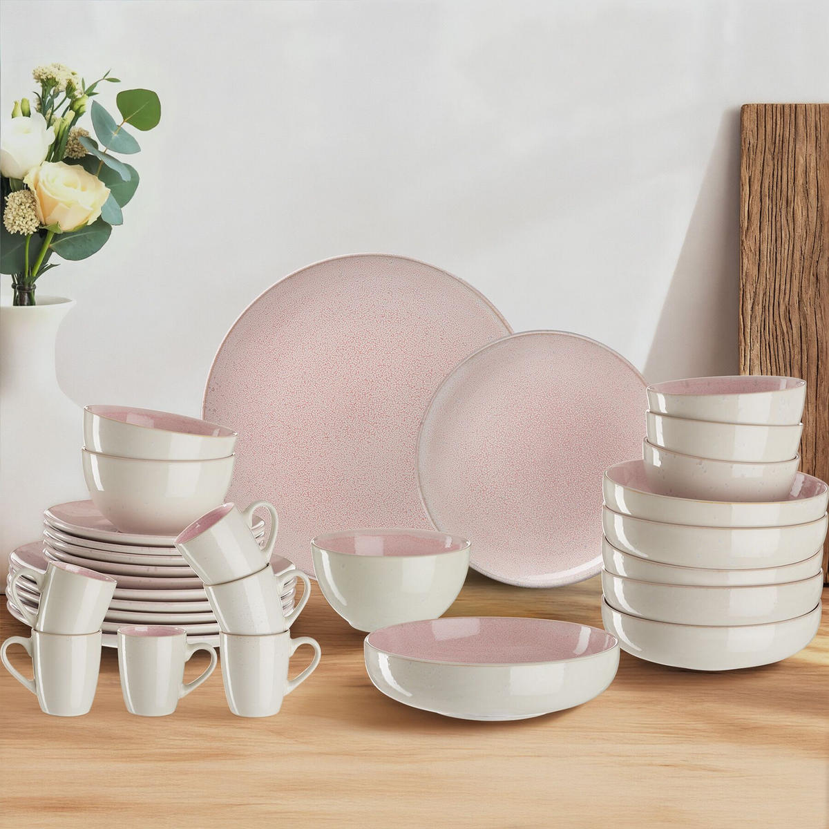 KOMBISERVICE Mare, ineinander stapelbar, rosa - Rosa, Keramik (26.5/2.5/26.5cm) - tectake