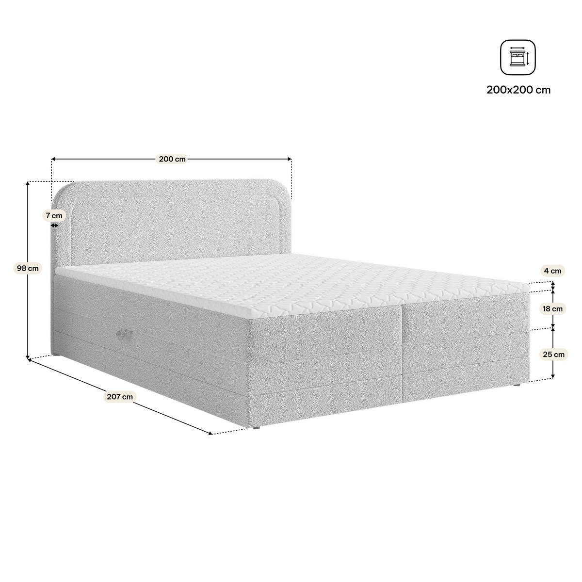 BOXBETT ARMEL 200x200 cm mit Matratze und Topper, H2+H3 - Beige - Beige, Holz (200/200cm) - MASSENO