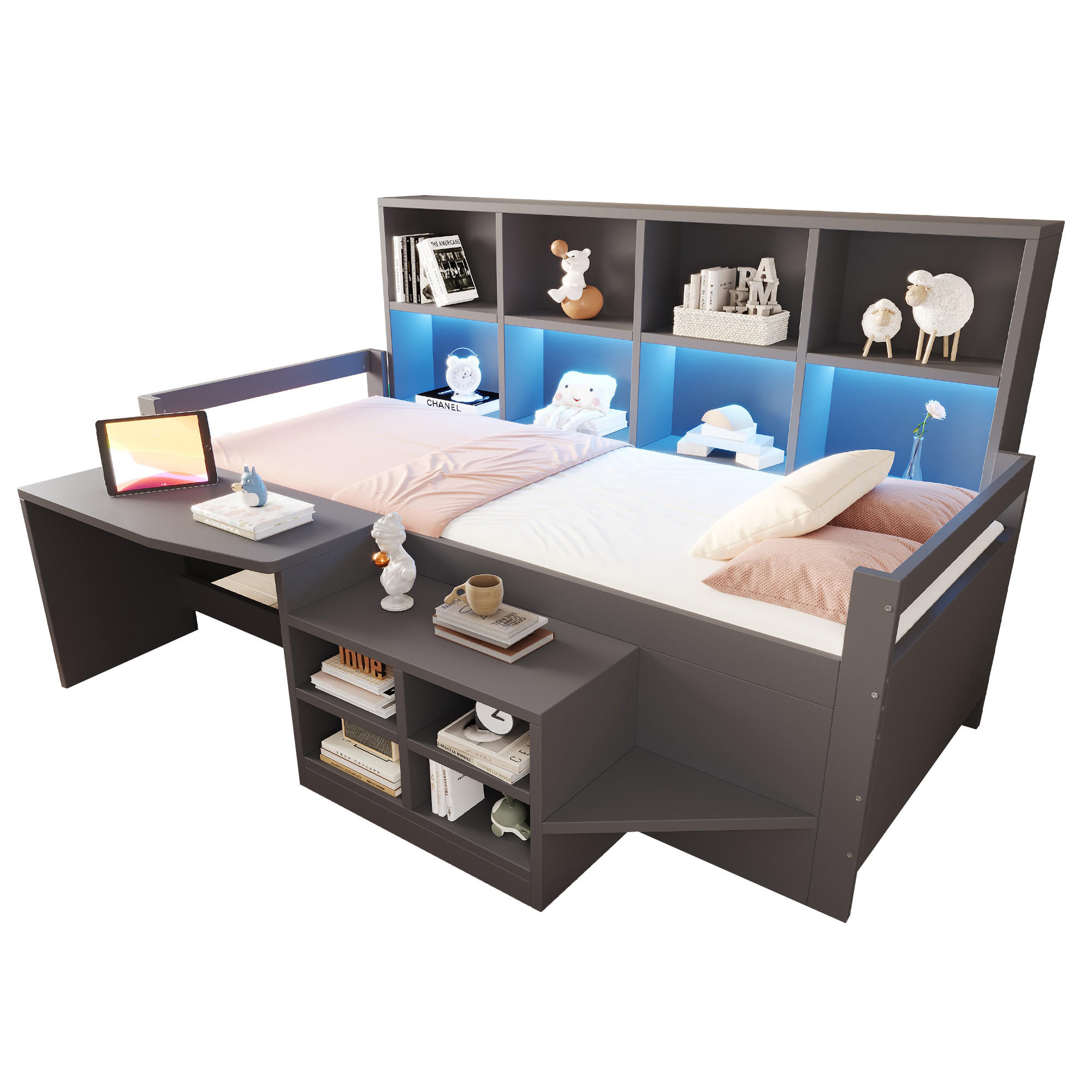 KINDERBETT 90x200cm Massivholz LED Schreibtisch Stauraum Grau - Grau, Holz (90/200cm) - FLIEKS