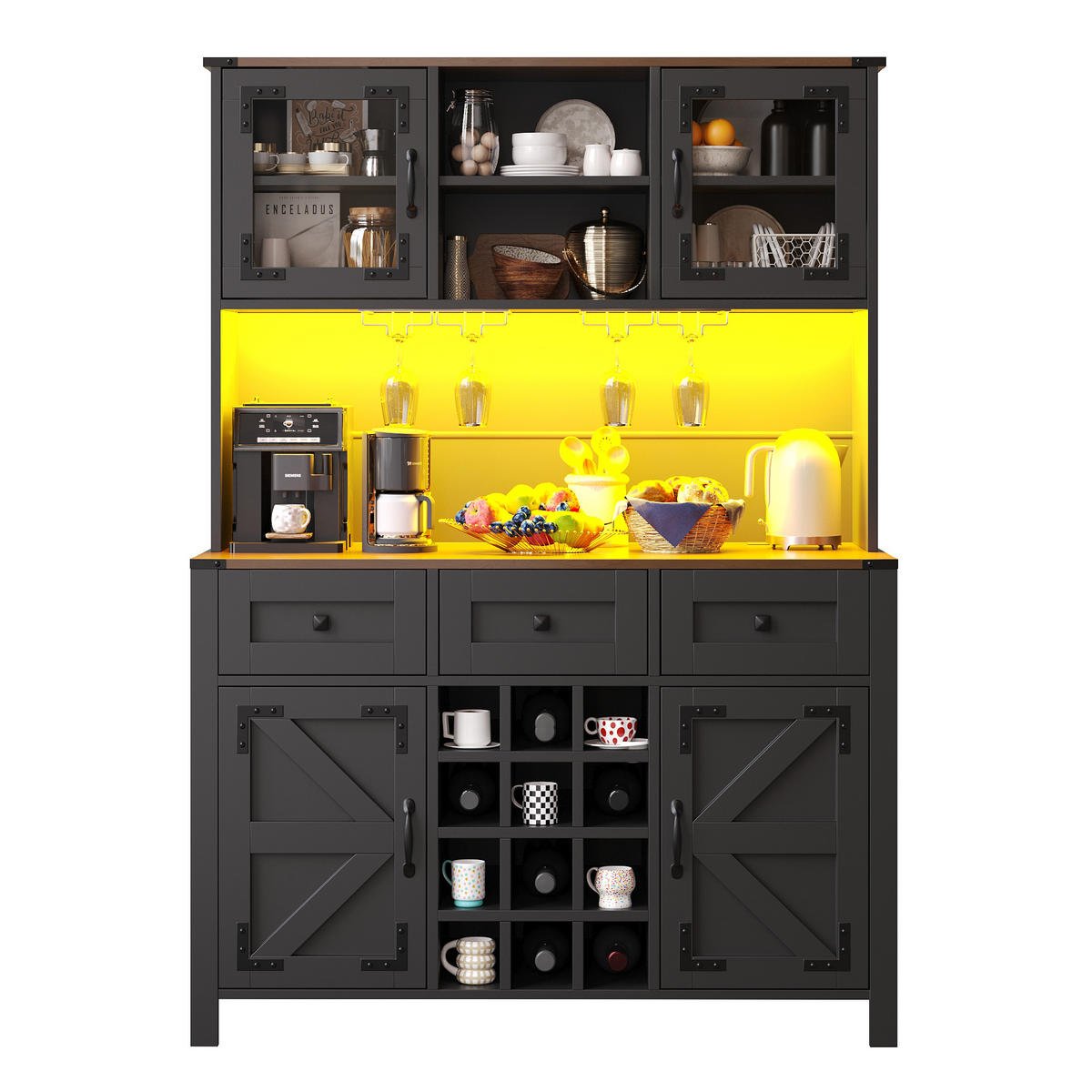 GESCHIRRSCHRANK aus MDF & Glas 120x40x170 cm in Schwarz mit LED & Steckdosenleiste - Schwarz, Holzwerkstoff (120/170/40cm) - Modfu