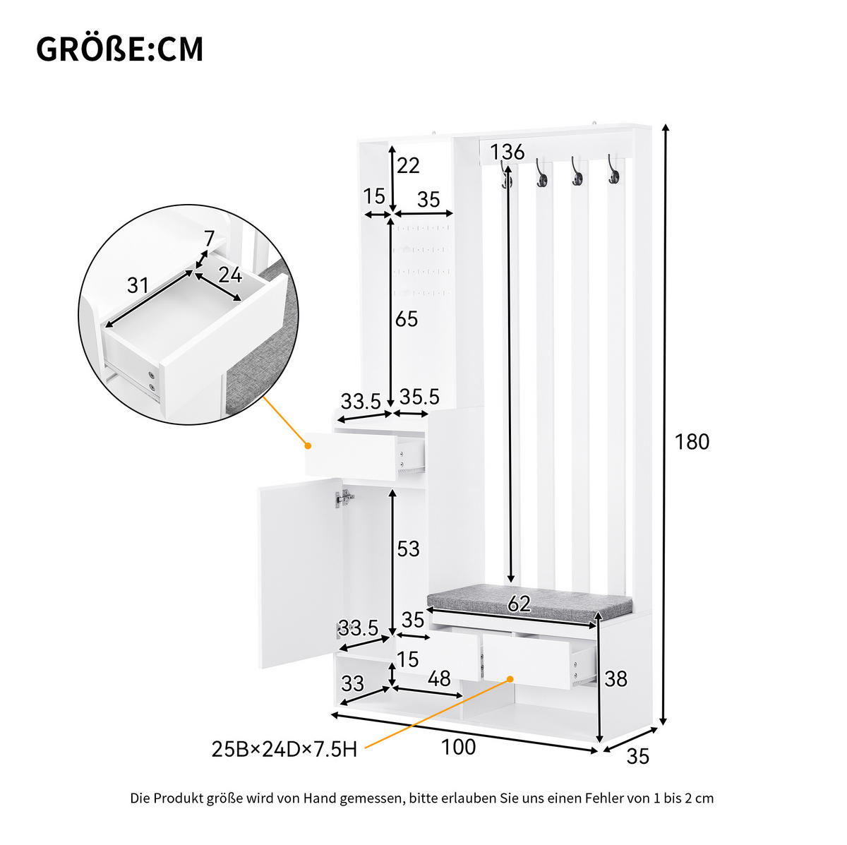FLURGARDEROBE 100/35/180 cm aus MDF mit Sitzbank und Stecktafel Weiß - Weiß, Holzwerkstoff (100/180/35cm) - Modenvie