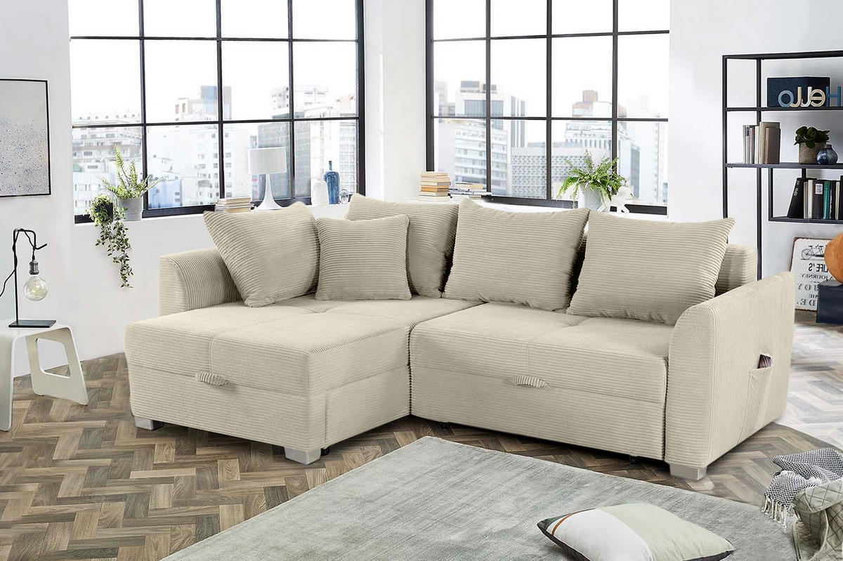 ECKSOFA mit Schlaffunktion und Bettkasten, seitenverkehrt montierbar B236/T160/H81 cm, Liegefl. 142x202 cm, Cord Grau Beige / 15201 - Chromfarben/Greige, Kunststoff/Textil (236/160cm) - luma-home