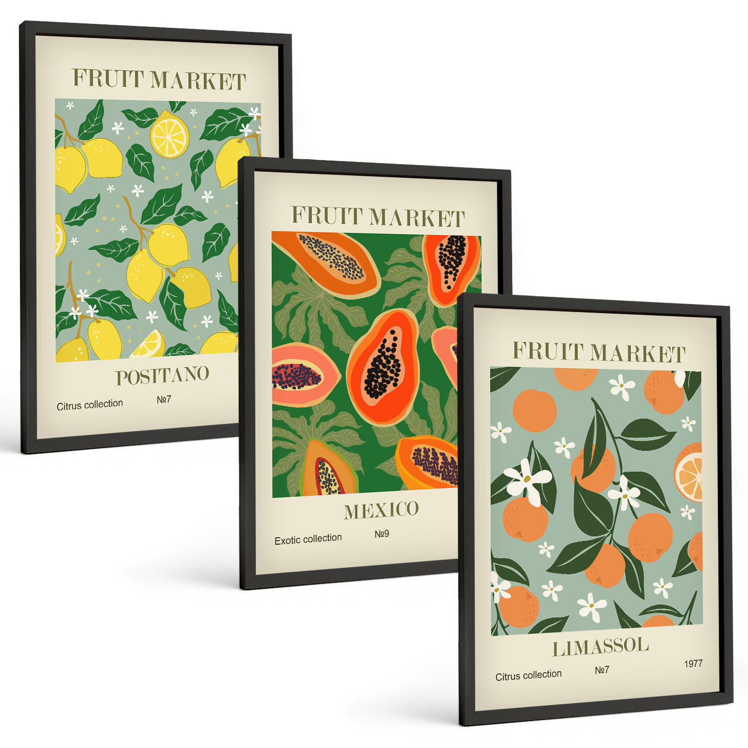 BILDER SET 3er Set - 40x60 cm Schwarzer Rahmen - Fruchtposter Zitronen Papayas - Schwarz, Kunststoff (40/60cm) - TULUP