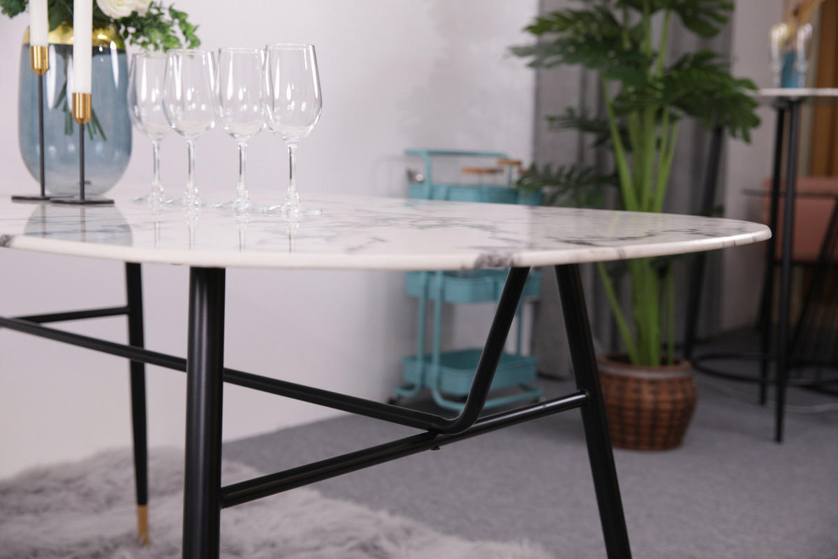 ESSZIMMERTISCH LARS - 160x90 cm - Platte Glas in Marmoroptik, Gestell pulverbeschichtetes Metall - Weiß, Metall (90/160/77cm) - TPFLiving