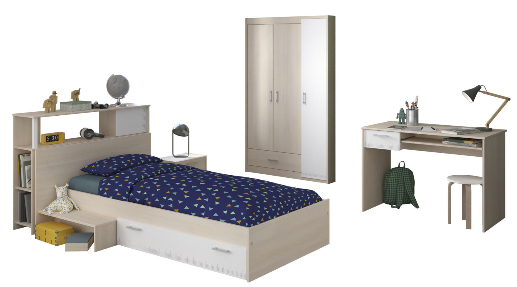 JUGENDZIMMER Set 5-tlg Kleiderschrank Schreibtisch Bett 90x200 - Silberfarben/Weiß, Holz/Holzwerkstoff (160/180/52cm) - Parisot Meuble
