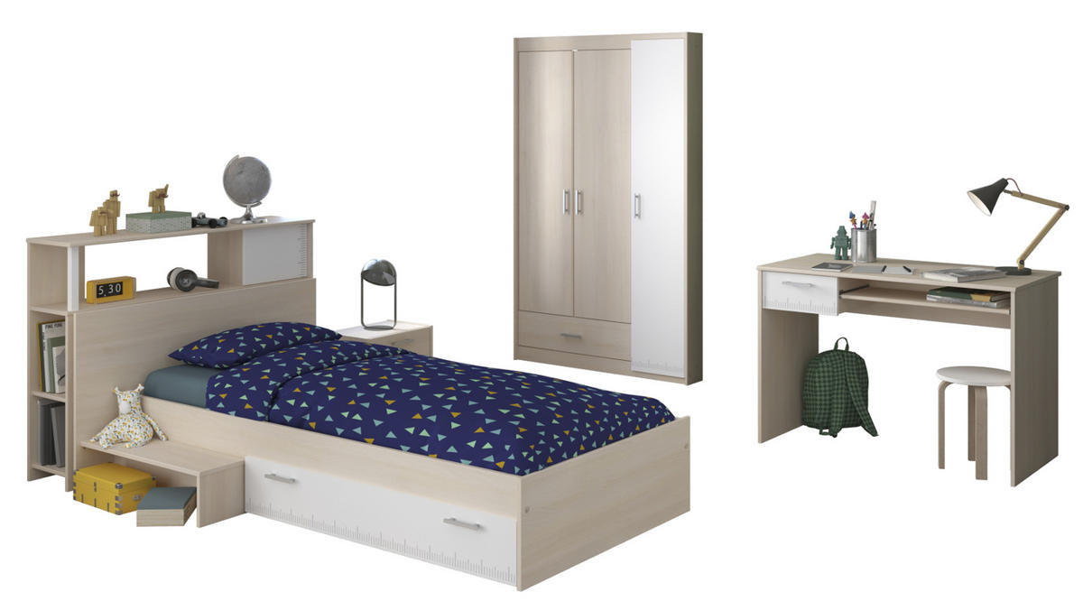 JUGENDZIMMER Set 5-tlg Kleiderschrank Schreibtisch Bett 90x200 - Silberfarben/Weiß, Holz/Holzwerkstoff (160/180/52cm) - Parisot Meuble