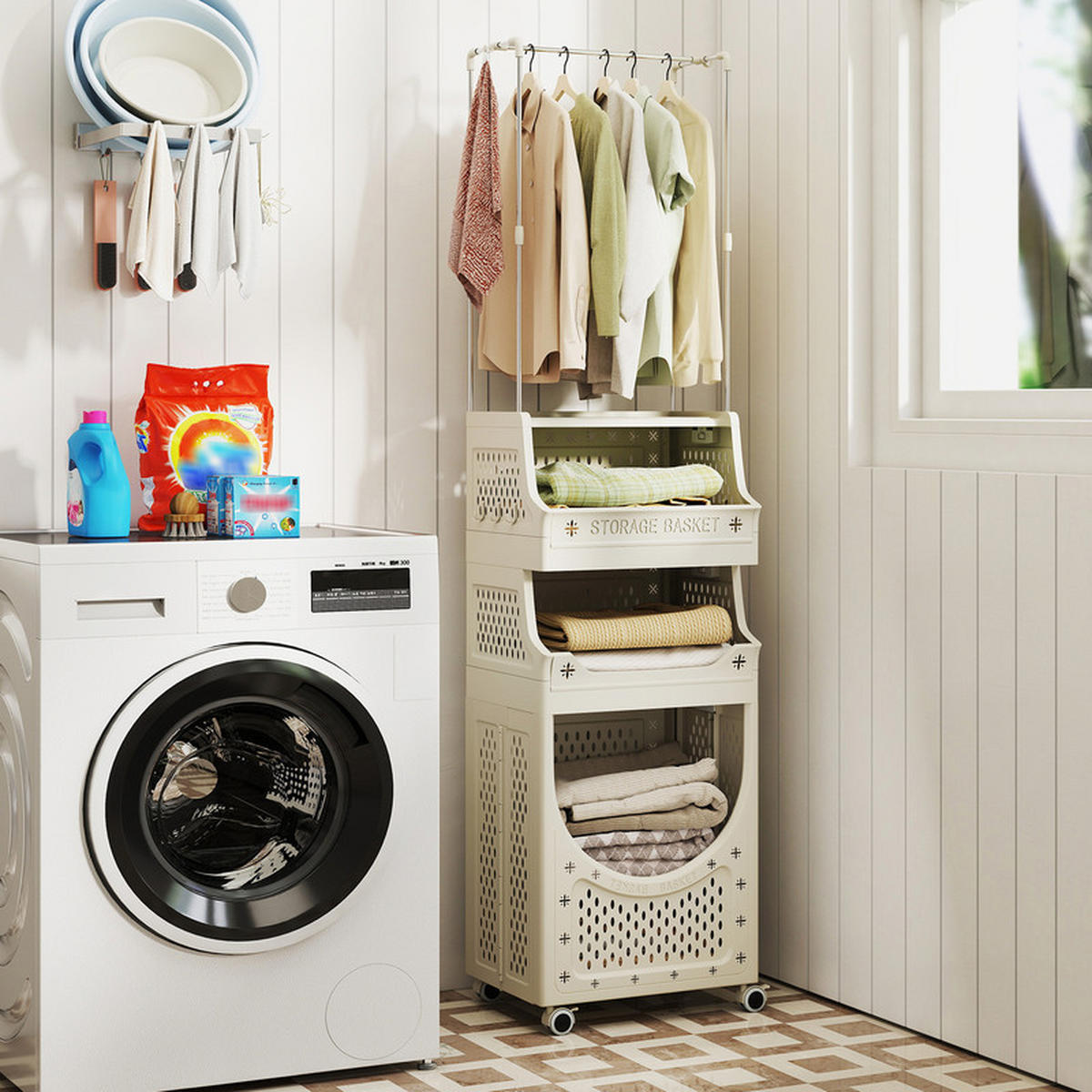 WÄSCHEKORBWAGEN mit Kleiderstange beige - Beige, Kunststoff (40/158/30cm) - COSTWAY