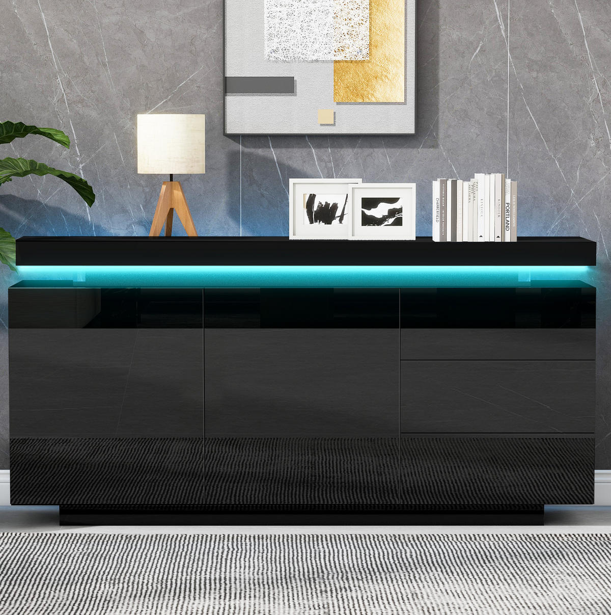 SIDEBOARD mit LED 140 x 35 x 72,5 cm Schwarz 2 Türen 3 Schubladen - Schwarz, Holzwerkstoff (140/72/38cm) - Meubliv