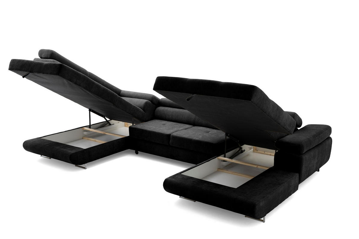 ECKSOFA U-Form WILD U Links mit Schlaffunktion 130x260 Chenille Schwarz - Silberfarben/Schwarz, Holz/Textil (350/90/203cm) - Muffo