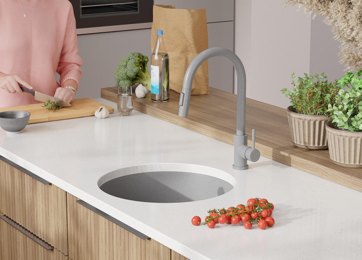 UNTERBAUSPÜLE GRANIT Valletta, 2-er set Grau 46/46 cm 1 Becken + Küchenarmatur 38/14 cm + Ablauf-Set ab 50er Unterschrank - Grau, Kunststoff (46/20/46cm) - Primagran