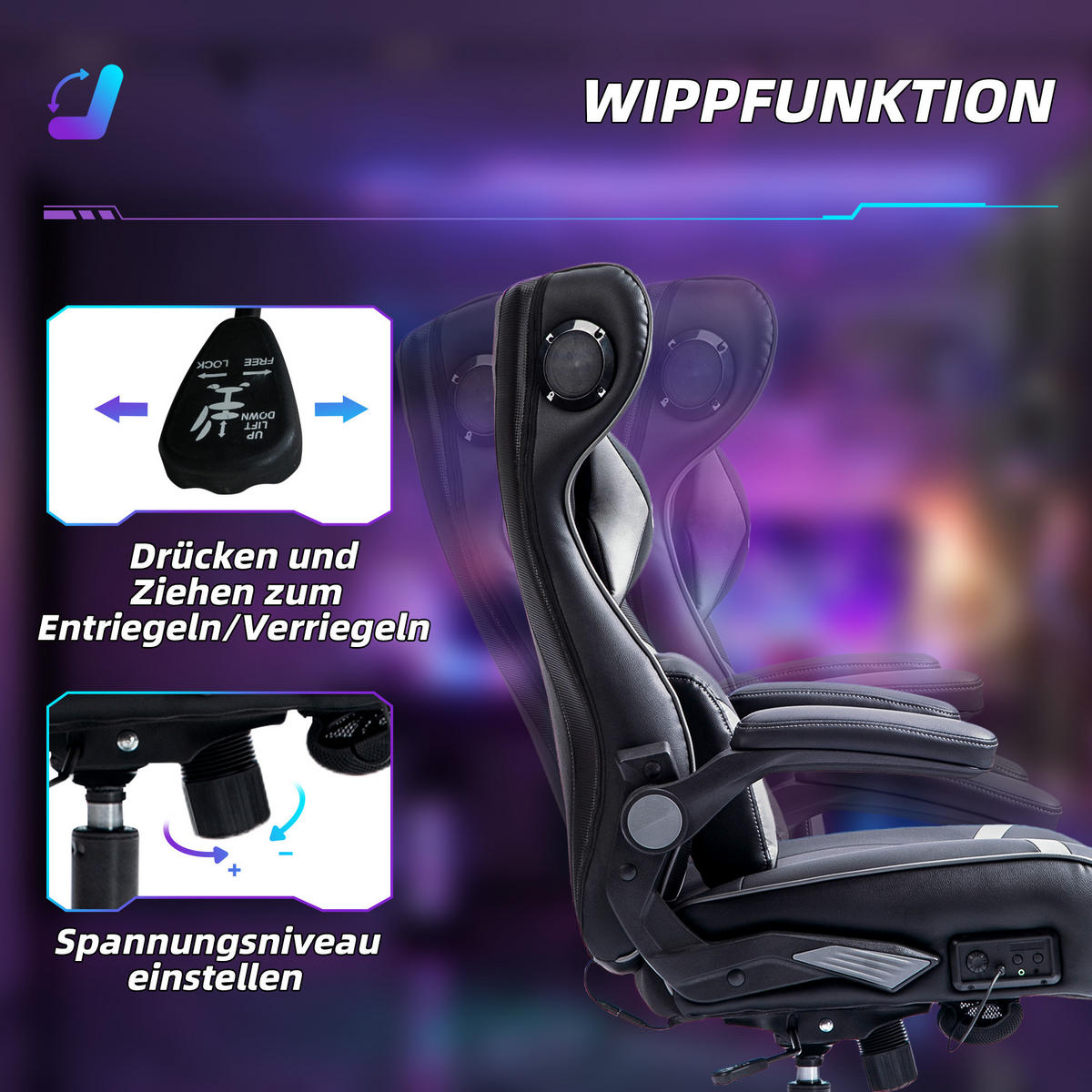 GAMING-STUHL mit Wippen- und Schaukelfunktion, Schwarz+Grau - Grau, Leder (69/118/73cm) - Vinsetto