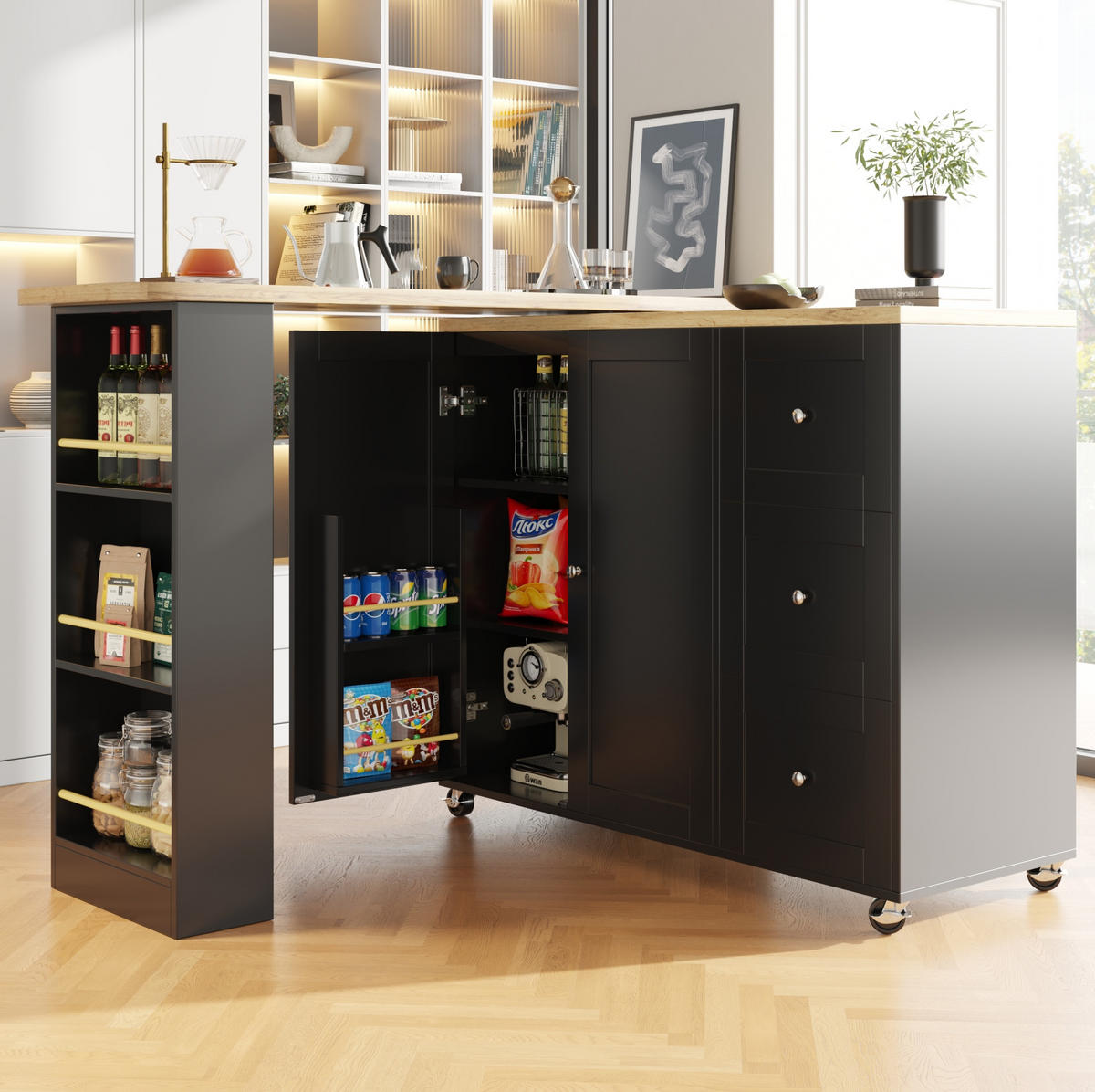 KÜCHENINSEL 135-203/39/106 cm aus MDF mit 360°-Drehfunktion und Rollen Schwarz - Schwarz, Holzwerkstoff (203/106/39cm) - Modenvie
