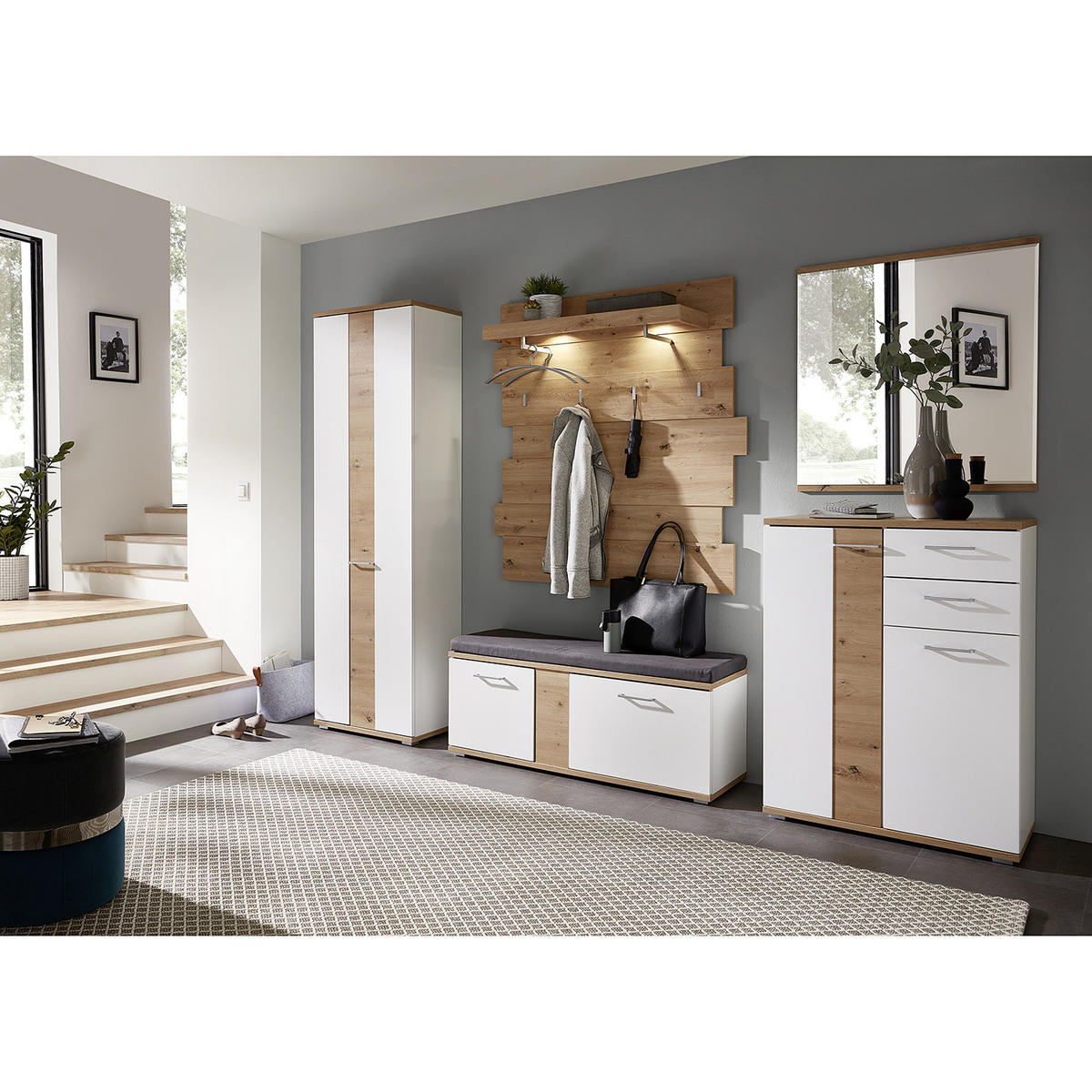 SCHUHKOMMODE - Weiß / Eiche Artisan Dekor - Chromfarben/Silberfarben, Holzwerkstoff/Kunststoff (80/106/38cm) - home24