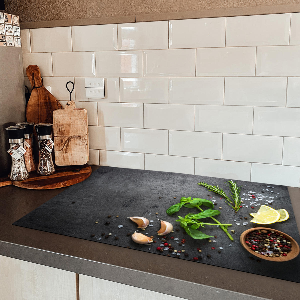 HERDABDECKPLATTE Limette - Kräuter - Gewürze - Grün - Grau - Beton Ceranfeldabdeckung 80x52 cm - Grün, Kunststoff (80/52/0.2cm) - MuchoWow