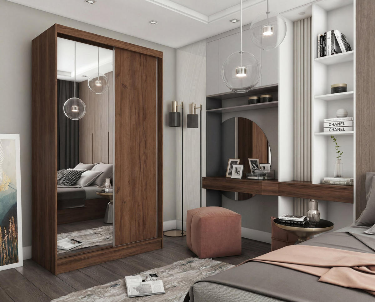 SCHWEBETÜRENSCHRANK PATRIZIA 120/216/61 cm Modern Kleiderschrank 2-türig mit Spiegel Nussbaumfarben - Nussbaumfarben, Holzwerkstoff (120/216/61cm) - MASSENO