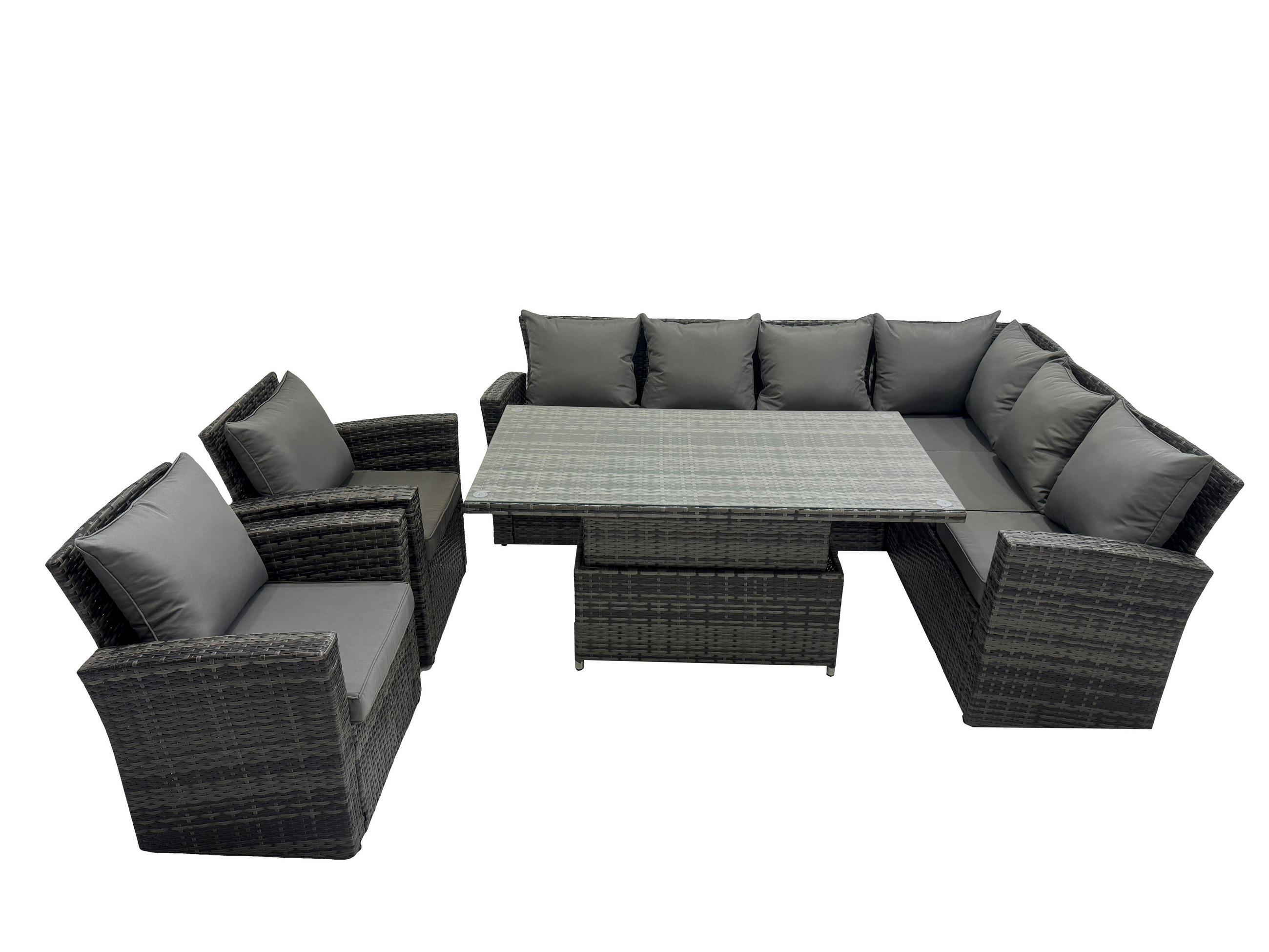 GARTENSET mit höhenverstellbarer Tisch Polyrattan 8-Sitzer - Dunkelgrau/Grau, Glas/Kunststoff - Fimous