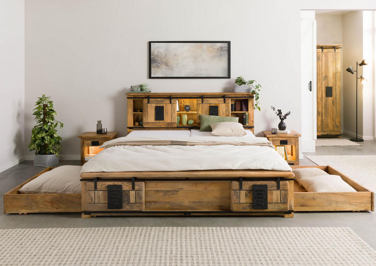 HOLZBETT mit Schublade Mango / Altholz 200x200 natur lackiert RAILWAY LUX #110 - Braun, Holz (200/200cm) - Massivmoebel24