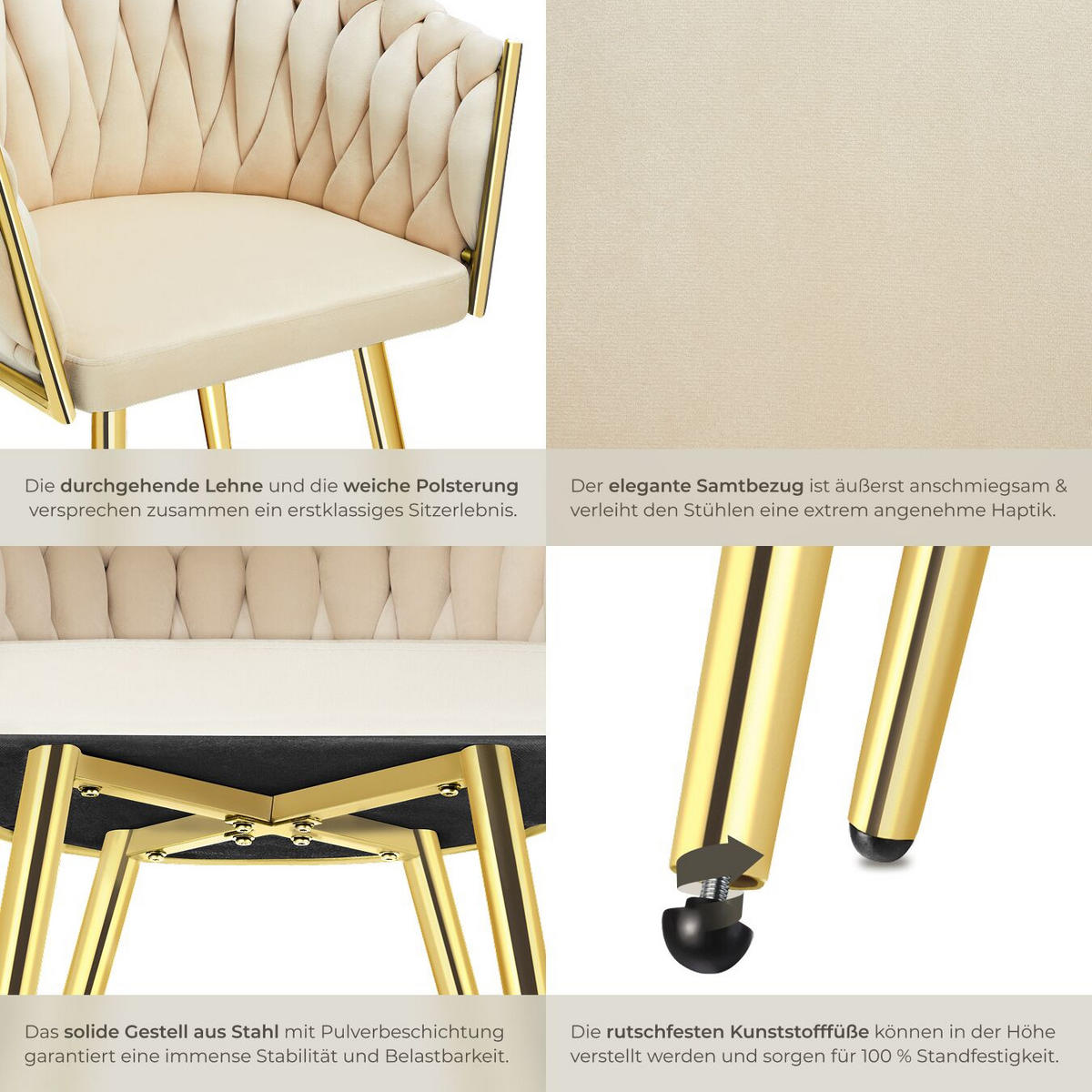 ESSZIMMERSTUHL 4er Set Astano,60,5 x 55 x 75 cm,sandfarben/gold - Sandfarben/Goldfarben, Textil (60.5/75/55cm) - tectake