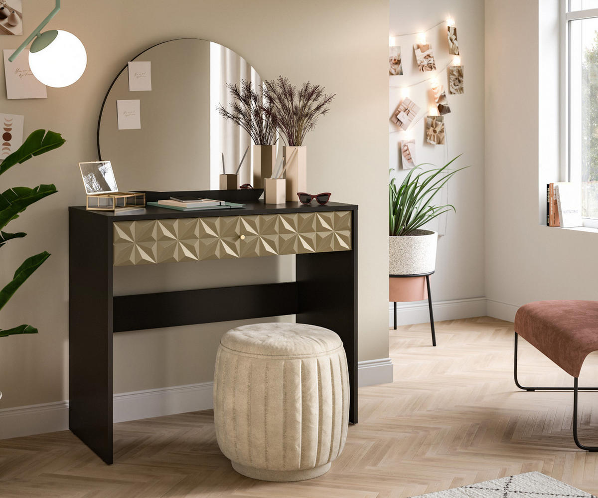 SCHMINKTISCH schwarz und gold 90 cm, Kosmetiktisch mit Spiegel - Goldfarben/Schwarz, Holzwerkstoff/Kunststoff (39/133/90cm) - Inn.Furn