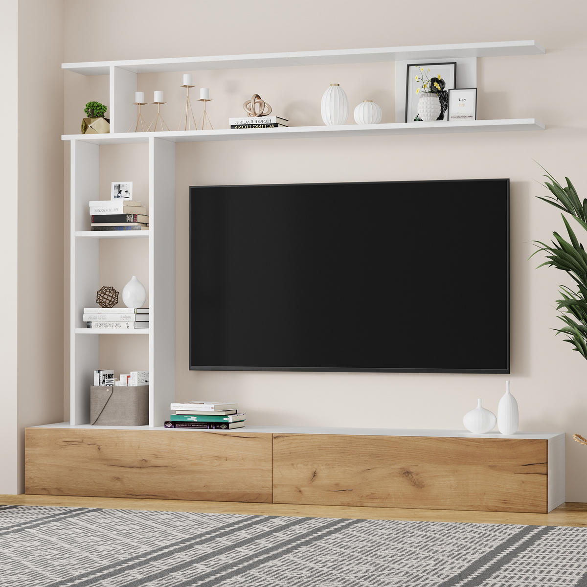 WOHNWAND Vitrine TV-Board Wandregal Weiß Holz 180cm - Multicolor, Holzwerkstoff (180/150/35cm) - FLIEKS