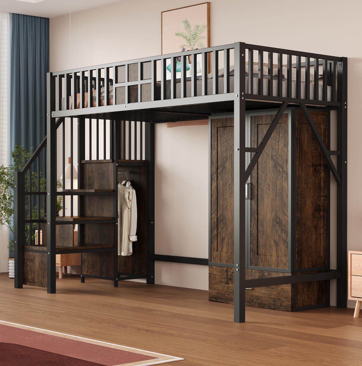 HOCHBETT 90/200 cm aus Metall und Holz mit Kleiderschrank und Stauraumleiter - Schwarz, Metall (90/200cm) - Flora Grace
