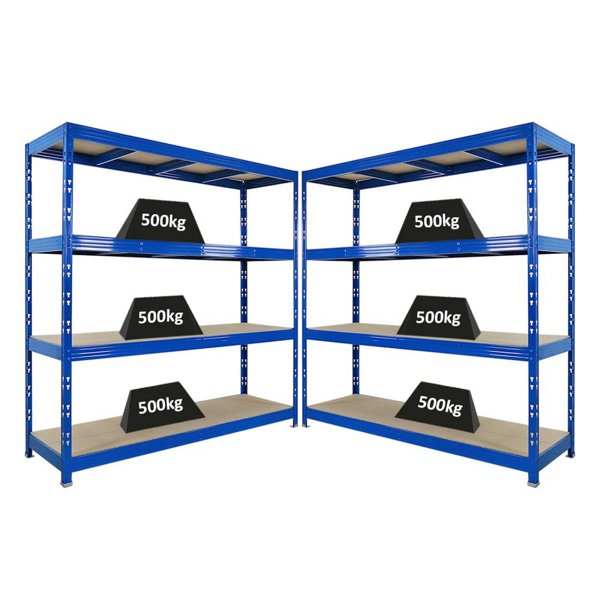 SCHWERLASTREGAL Rhino 2er-Set 200x200x60 cm 4 Spanplatten-Ebenen 8mm Fachlast 500 kg Blau - Blau, Metall (400/200/60cm) - PROREGAL