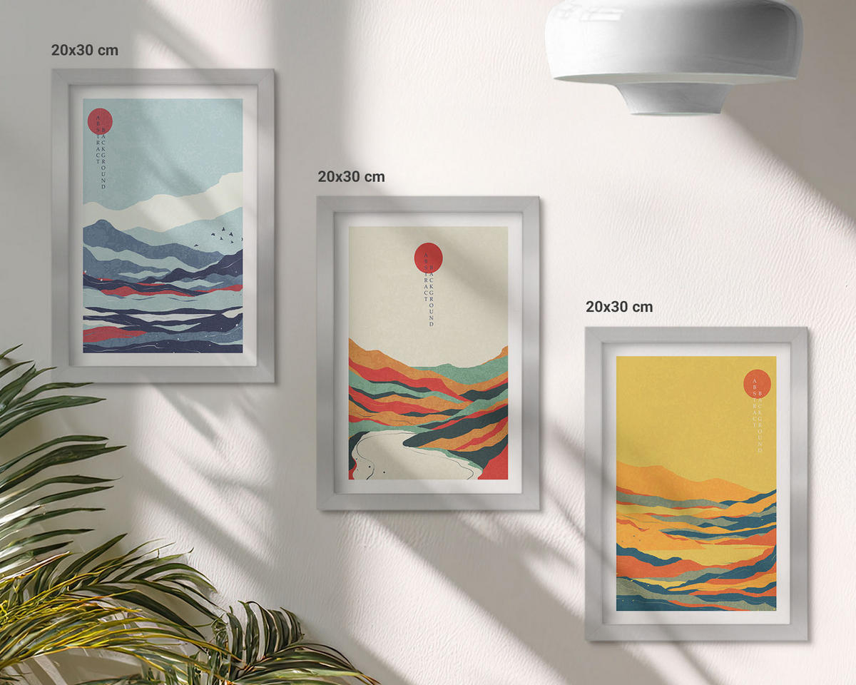 WANDBILDER 3er Set - 20x30 cm Silberner Rahmen - Abstraktion von farbenfrohen Bergen und Flüssen - Silberfarben, Kunststoff (20/30cm) - ArtPrintCave