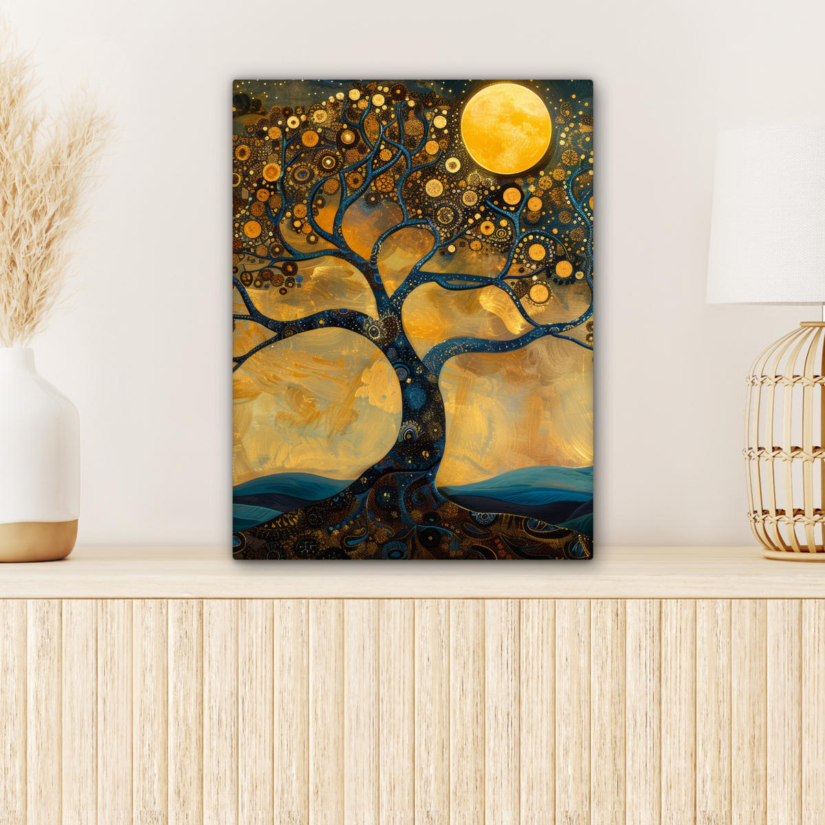 LEINWANDBILD Baum - Mond - Blumen - Gold - Kunst Room Decor 30x40 cm - Orange, Textil (30/40cm) - MuchoWow