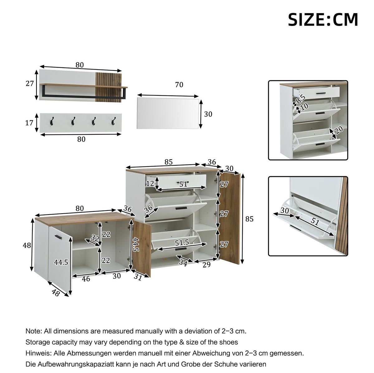 SCHUHSCHRANK aus Spanplatte 85x36x85cm in Weiß mit 5-teiligem Flurset - Weiß, Holzwerkstoff (85/85/36cm) - Modfu