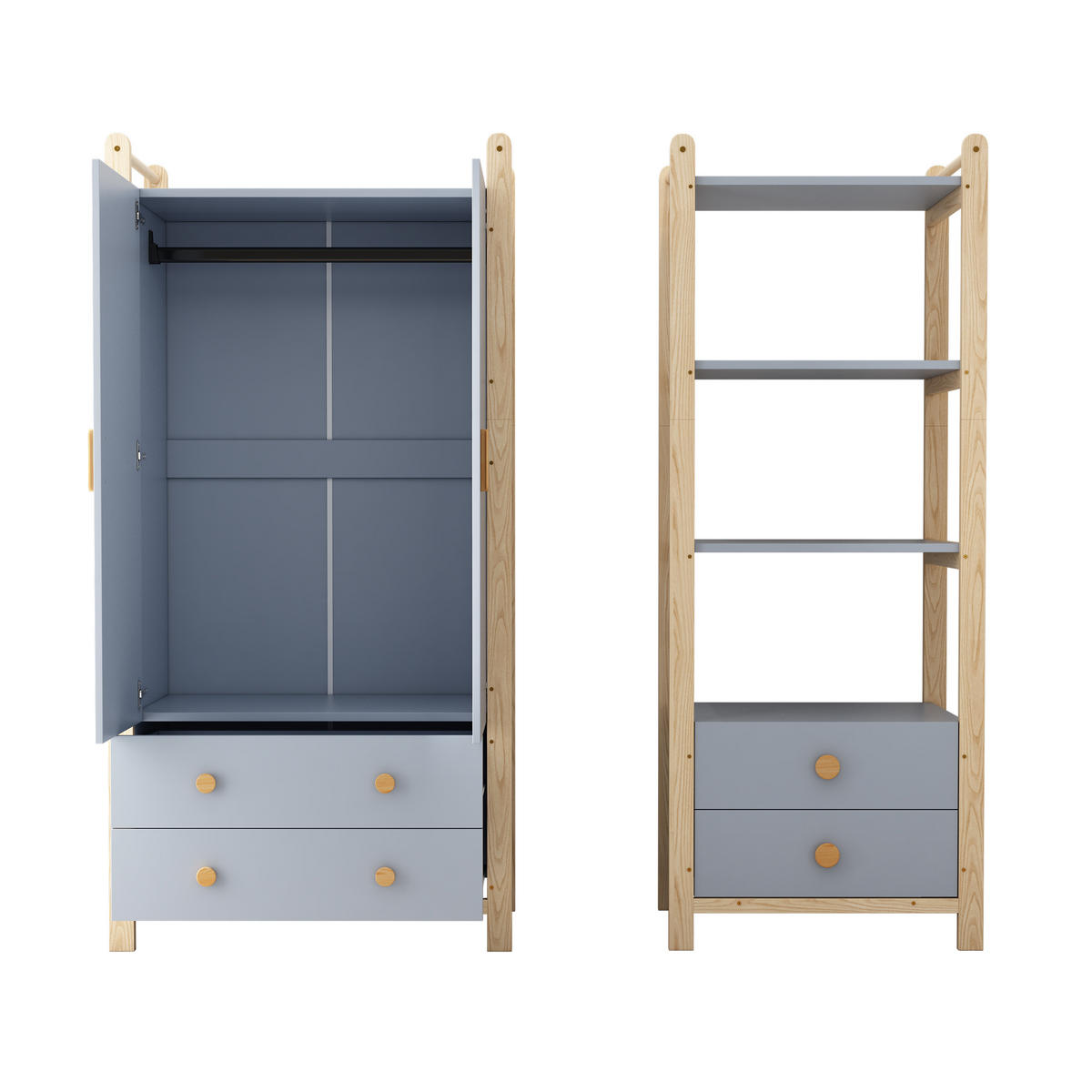 GARDEROBEN SET 180cm Höhe Blau + Natur Fichte Garderobe + Regal - Multicolor, Holz (44/180.5/160cm) - FLIEKS