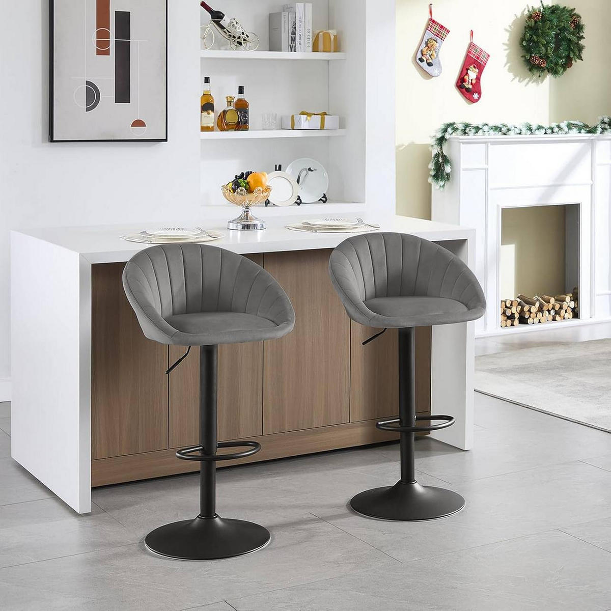 BARHOCKER 4er Set mit Rückenlehne, Samt, Dunkelgrau - Dunkelgrau/Schwarz, Textil/Metall (53/83/45cm) - Woltu