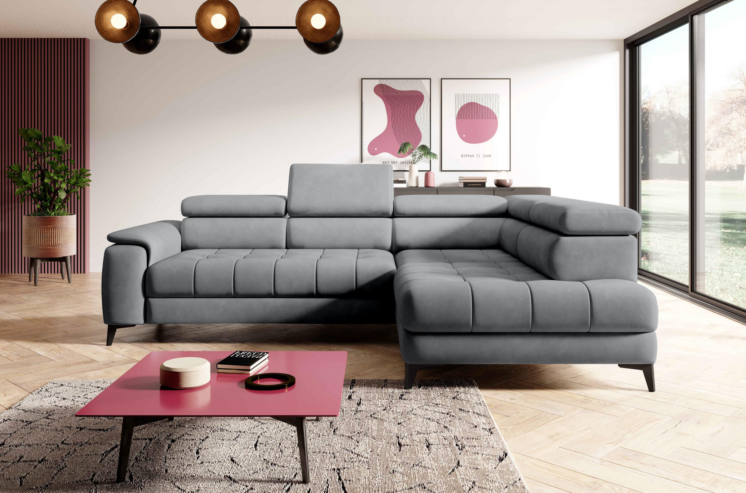 ECKSOFA CHIVAS Freistehend , Schlaffunktion, 278×197×76/98 cm, Stoff - Element, Hellgrau, Rechts Seite - Hellgrau/Schwarz, Holz/Textil (197/278cm) - DomoHome