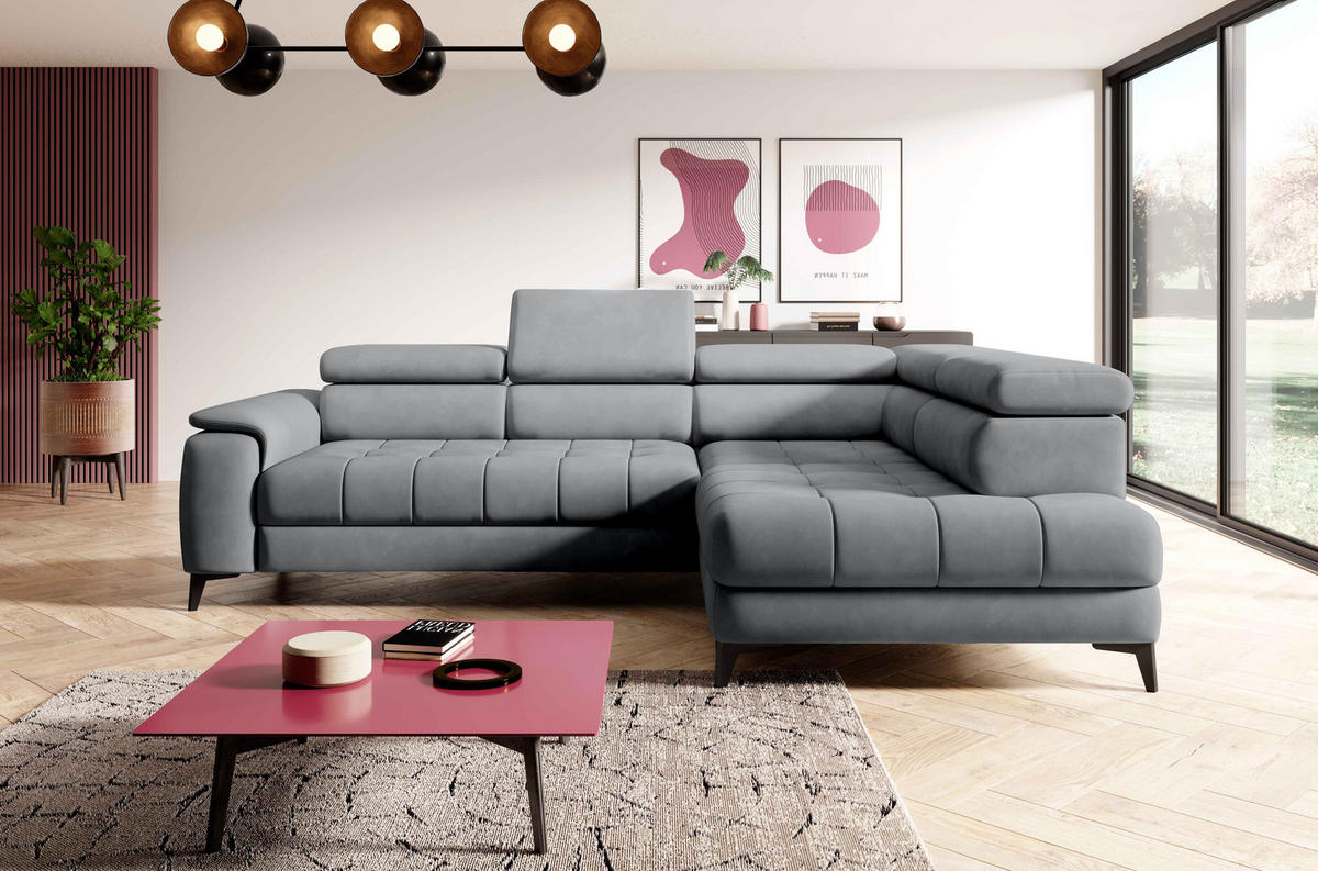 ECKSOFA CHIVAS Freistehend , Schlaffunktion, 278×197×76/98 cm, Stoff - Element, Hellgrau, Rechts Seite - Hellgrau/Schwarz, Holz/Textil (197/278cm) - DomoHome