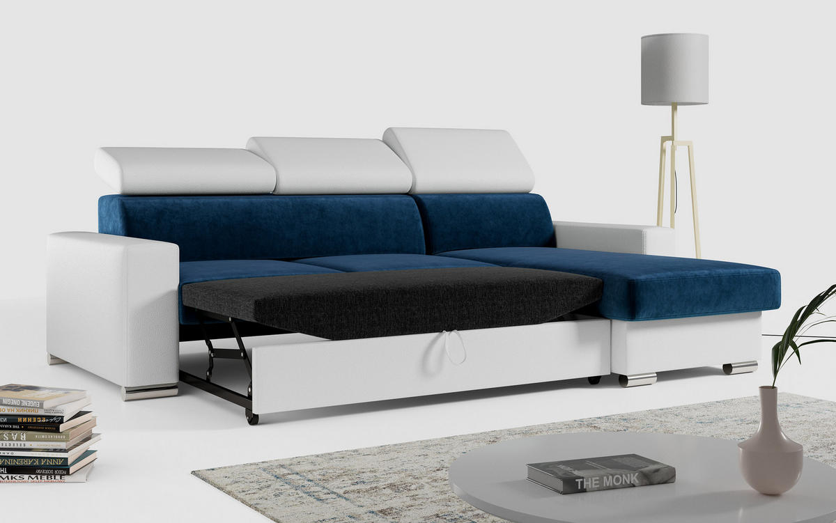 ECKSOFA FOX-L Dunkelblau/Weiß - Silberfarben/Dunkelblau, Kunststoff/Textil (242/168cm) - MKS
