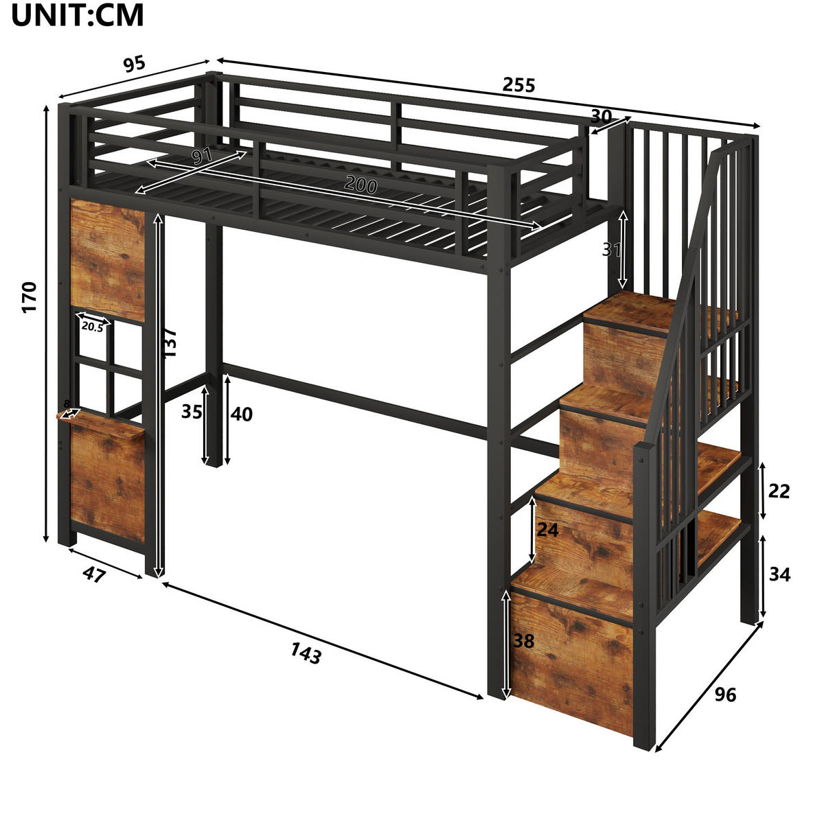 HOCHBETT 90/200 cm aus Metall und MDF mit Stauraumleiter, Schwarz - Schwarz, Holzwerkstoff (90/200cm) - OKMYHOME