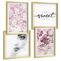 BILDER SET 4er Set - 50x50 cm & 40x60 cm Goldrahmen - Pfingstrosenporträt einer Frau für Zuhause - Goldfarben, Kunststoff (50/50cm) - TULUP
