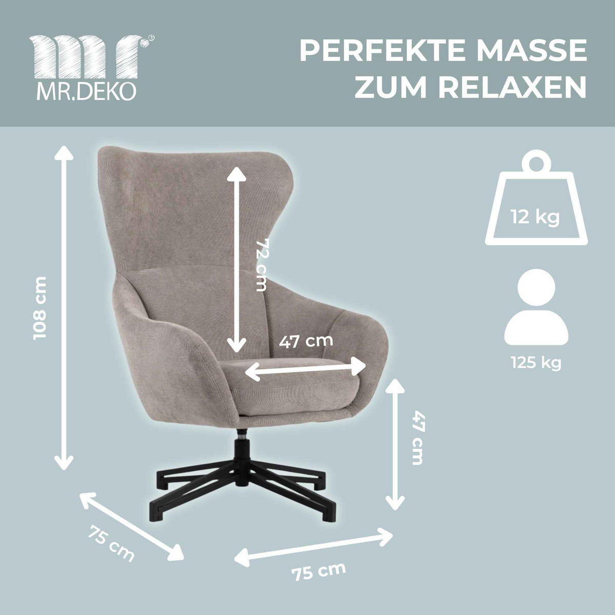 OHRENSESSEL Marconia - Hellgrau/Schwarz, Textil/Metall (75/109/80cm) - Mr. Deko