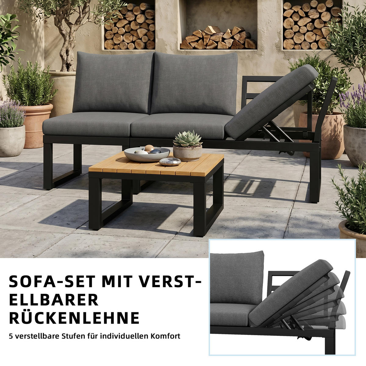 GARTENLOUNGE-SET für 6 Personen Garten-Essgruppe Ecksofa mit verstellbarer Rückenlehne - Schwarz/Naturfarben, Textil/Metall - STILVORA