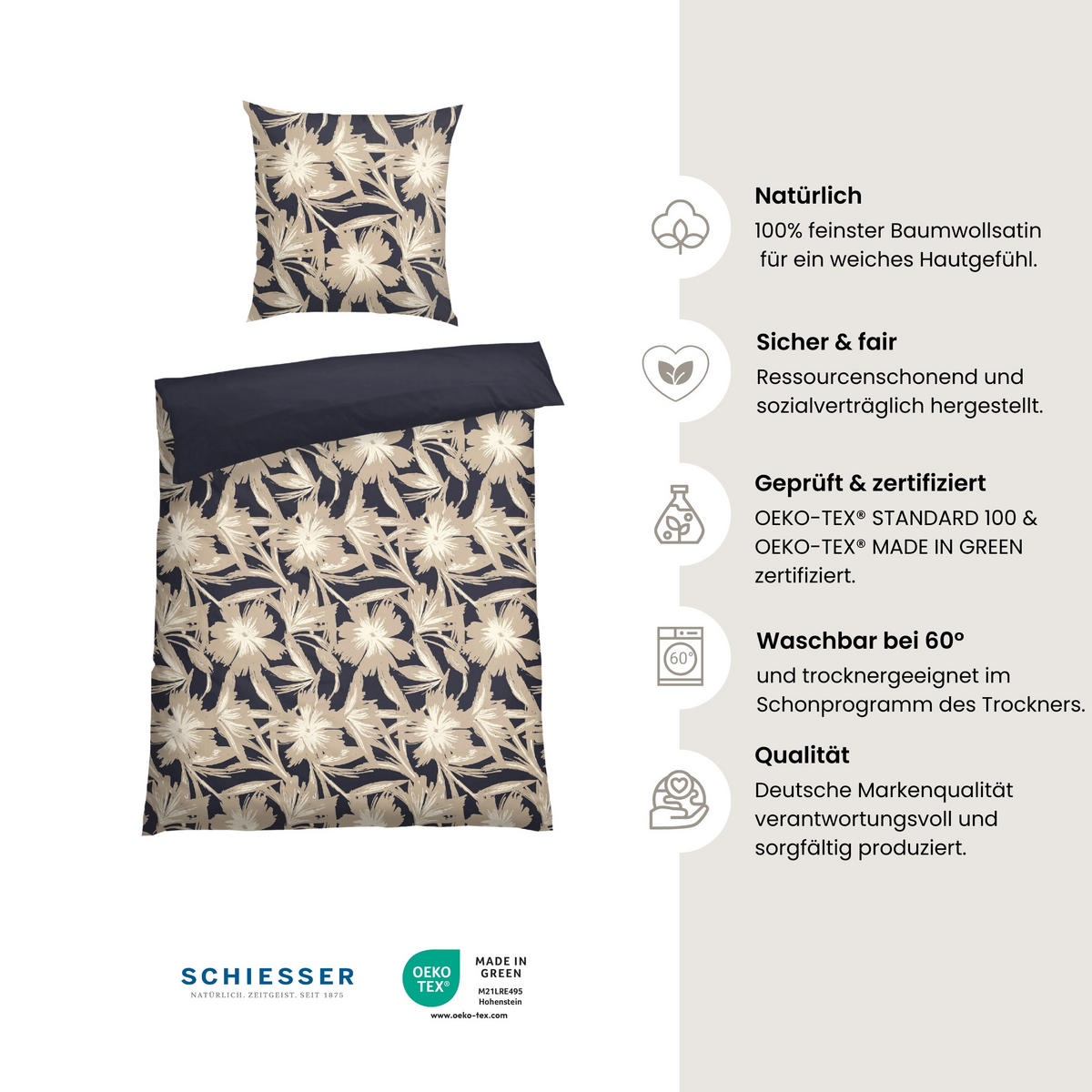 BETTWÄSCHESET Artistic - Baumwollsatin - 2-teilig - 135 x 200 cm - Dunkelblau - Dunkelblau, Textil (135/200cm) - SCHIESSER