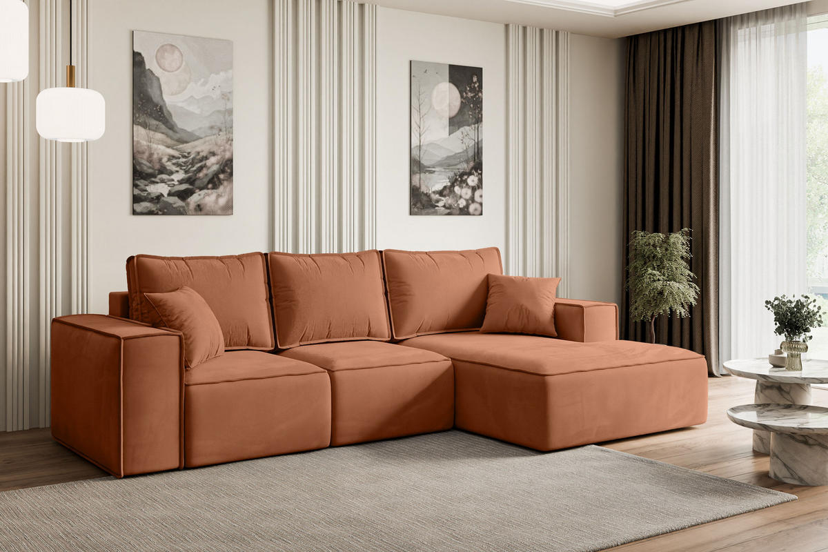 ECKSOFA mit Schlaffunktion und Bettkasten SERRA-L-S - 266x161x87 cm Apricot Velours - Koralle/Schwarz, Holzwerkstoff/Kunststoff (266/161cm) - ALTDECOR