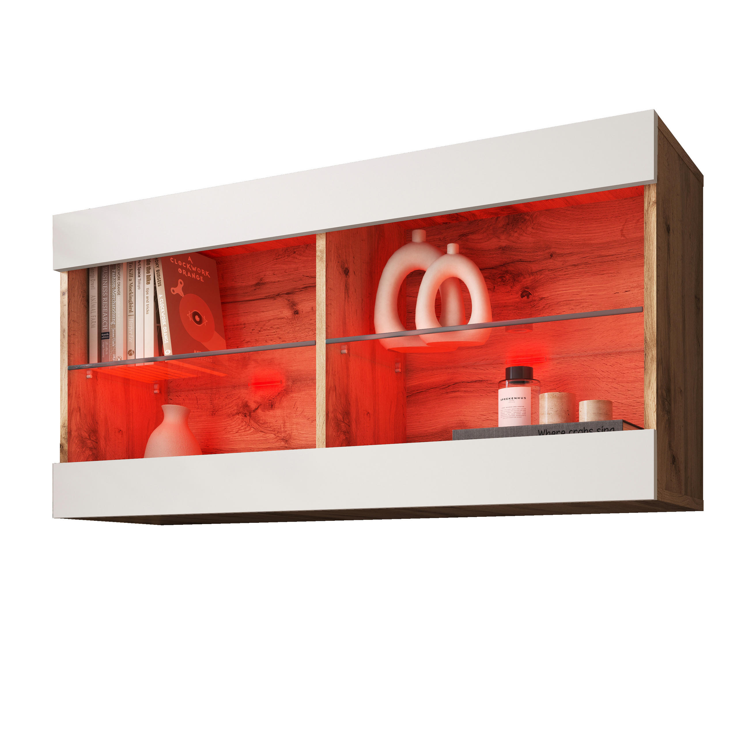 HÄNGEVITRINE TIVOLI HORIZONTAL 100, Weiss, LED Mehrfarbige - Eiche Wotan/Weiß, Glas/Holzwerkstoff (100/50/29.5cm) - Komodee