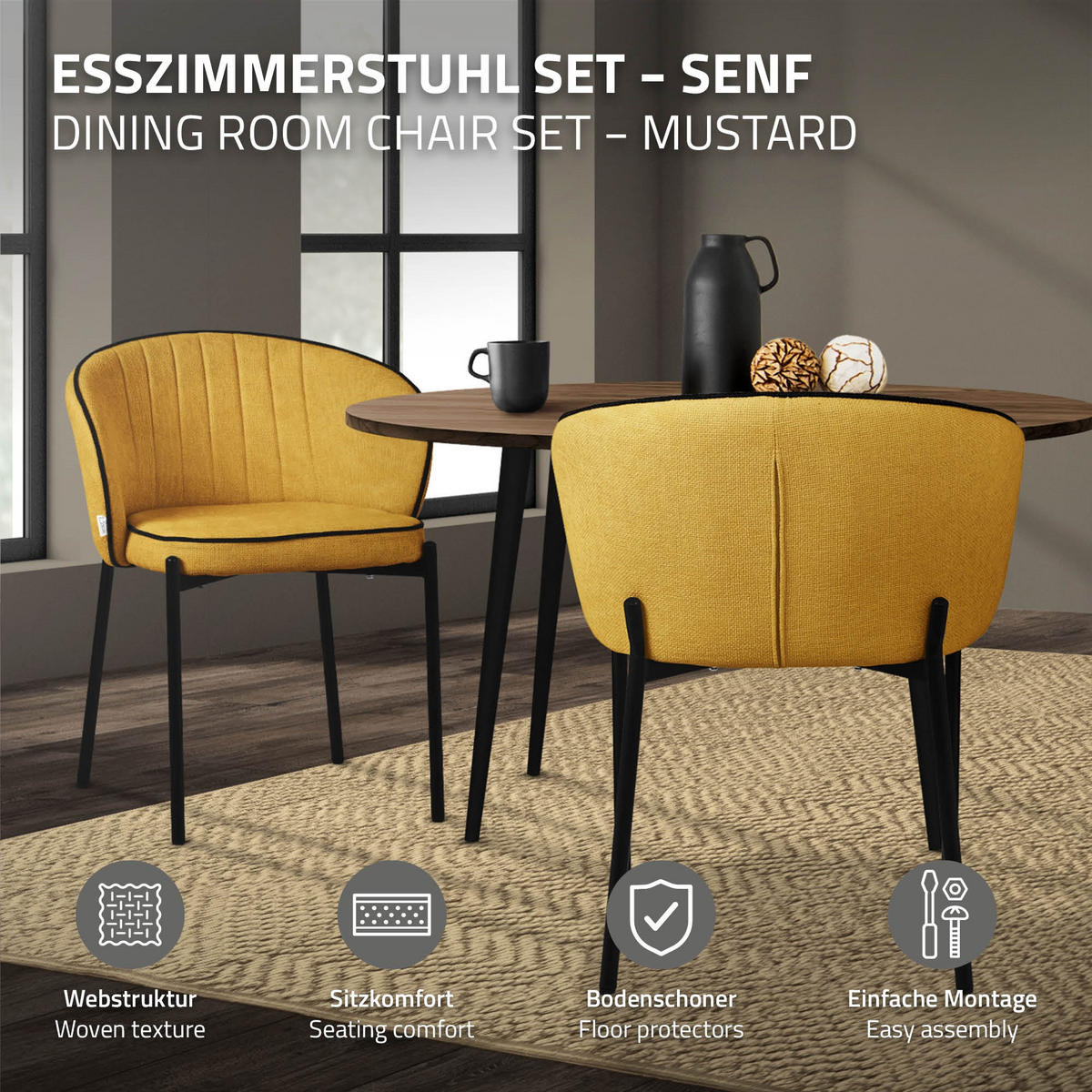 JÍDELNÍ ŽIDLE, sada 2 ks, hořčičná - černá/žlutá, kov/textil (60/75/59cm) - ML-DESIGN