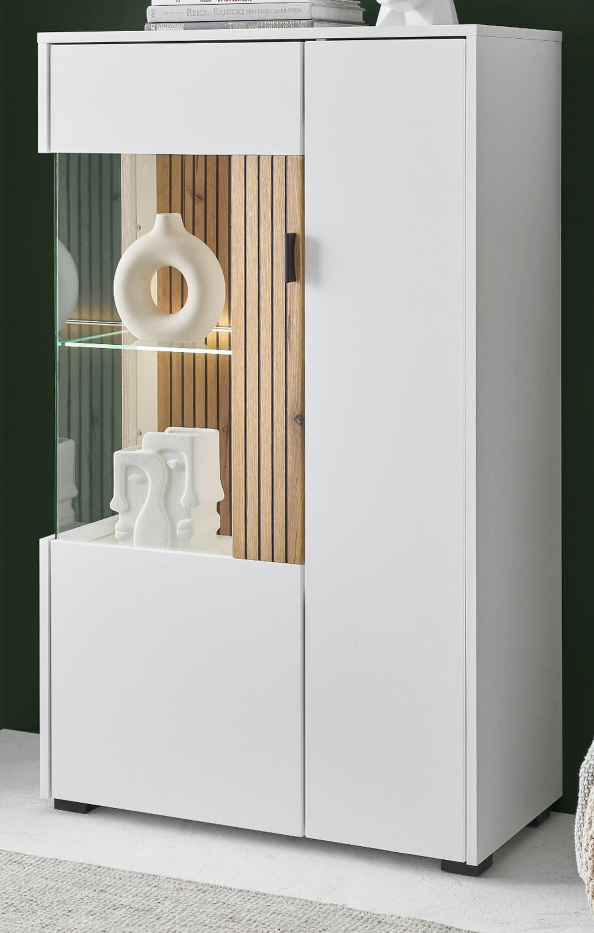 VITRINE weiß matt, Eiche 75 x 125 cm, Stauraumvitrine mit Soft-Close - Eichefarben/Schwarz, Glas/Holzwerkstoff (75/125/38cm) - Furn.Design